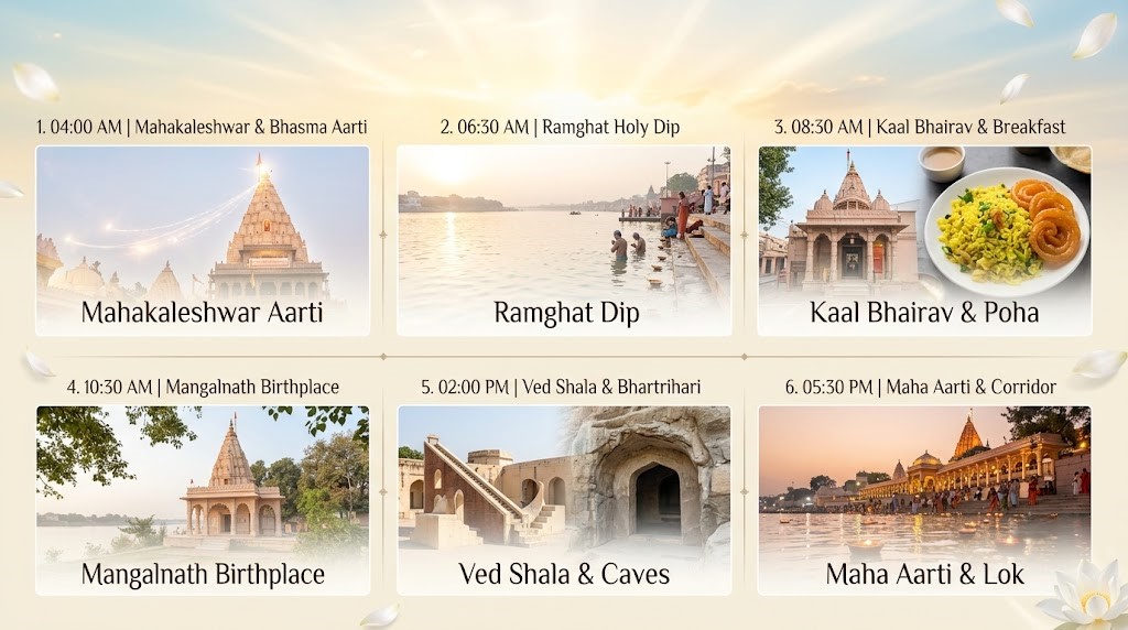 Ujjain Temple Circuit: One-Day Pilgrimage Itinerary 1 Ujjain temple circuit one day itinerary visual guide collage featuring Mahakaleshwar Jyotirlinga, Ramghat, Kaal Bhairav, and Maha Aarti in light golden colors for TirthTrails.com blog.